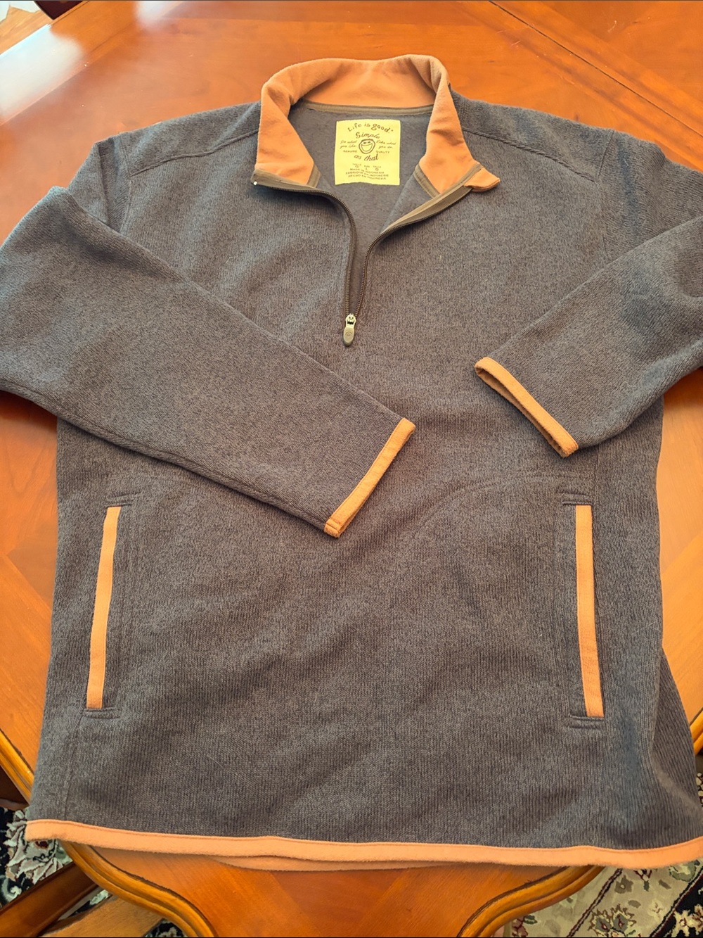 Life Is Good Men's Brown 1/4 Zip-Up Sweater with brown Trim
